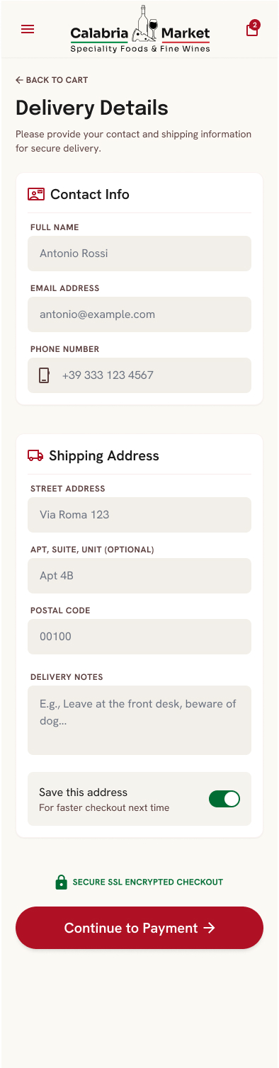 Calabria Market checkout details screen